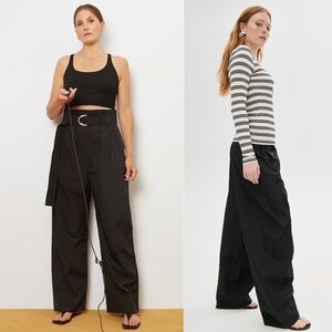 GANNI 90s D-Ring Cinch Belt Pleated High Waist Wide Leg Black Tech Nylon Pants L